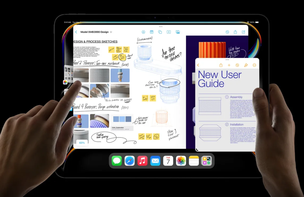 specifications of an ipad image with an ipad displaying a multitasking window of applications